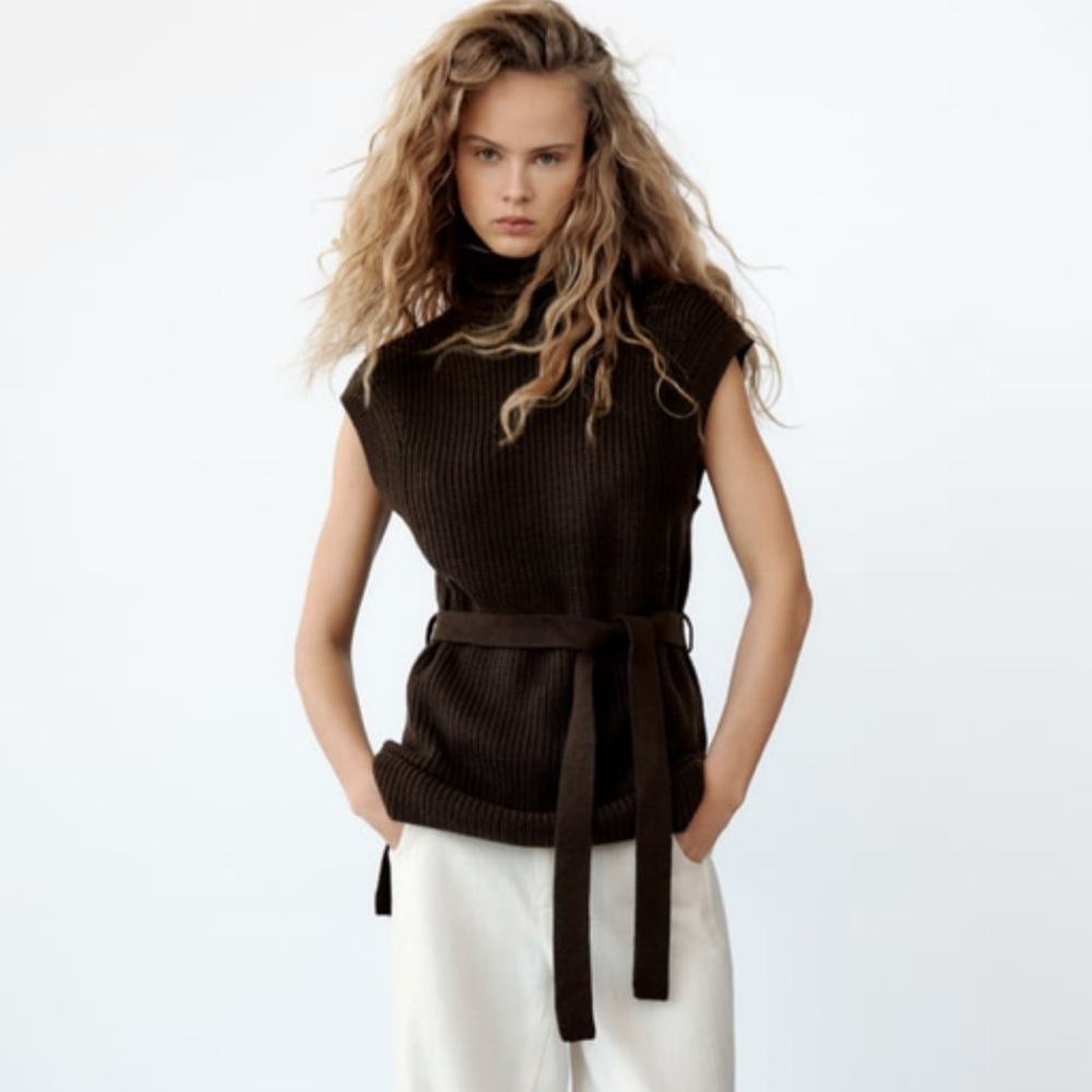 Zara Belted Knit Turtleneck Vest, Brown, size: small